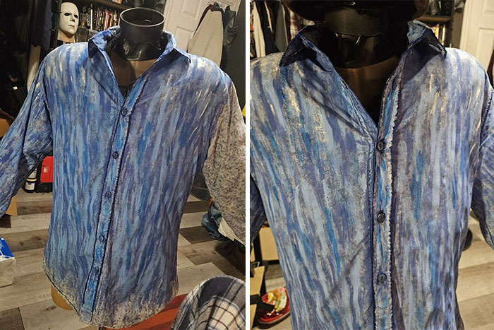 Hand-painted Vincent van Gogh costume shirt displayed on a mannequin, showcasing detailed brushstroke patterns.