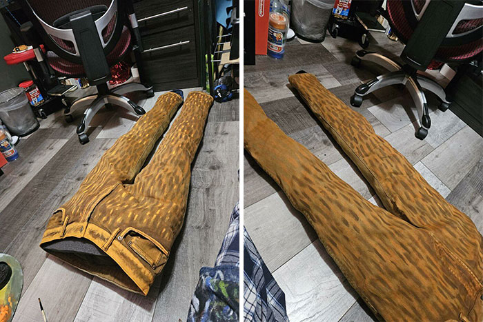 Hand-painted costume pants laid out on floor, part of artist's Vincent van Gogh Halloween transformation.