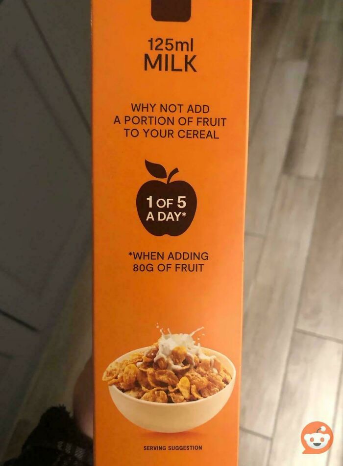 Misleading packaging showing 125ml milk serving for cereal, highlighting portion sizes and fruit intake suggestions.