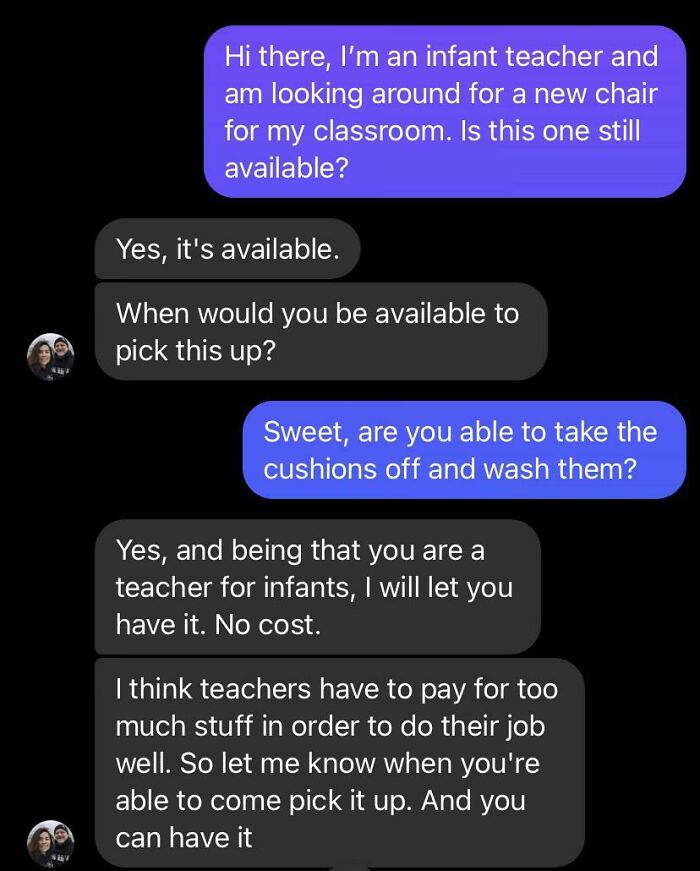 Text message exchange showing kindness as a stranger offers free chair to an infant teacher, restoring faith in humanity.
