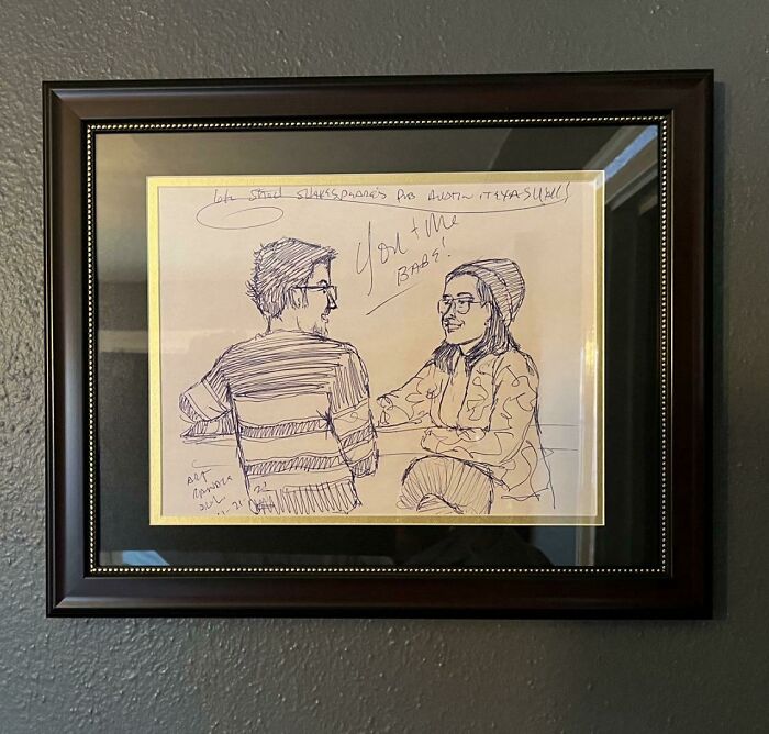 Framed sketch of two strangers smiling and talking, capturing a moment of faith in humanity restored kindness.