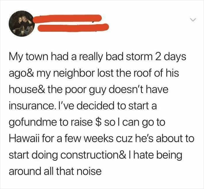 Text post describing a bad storm and a neighbor losing his roof, shared in posts that go from 0 to 100 real quick.