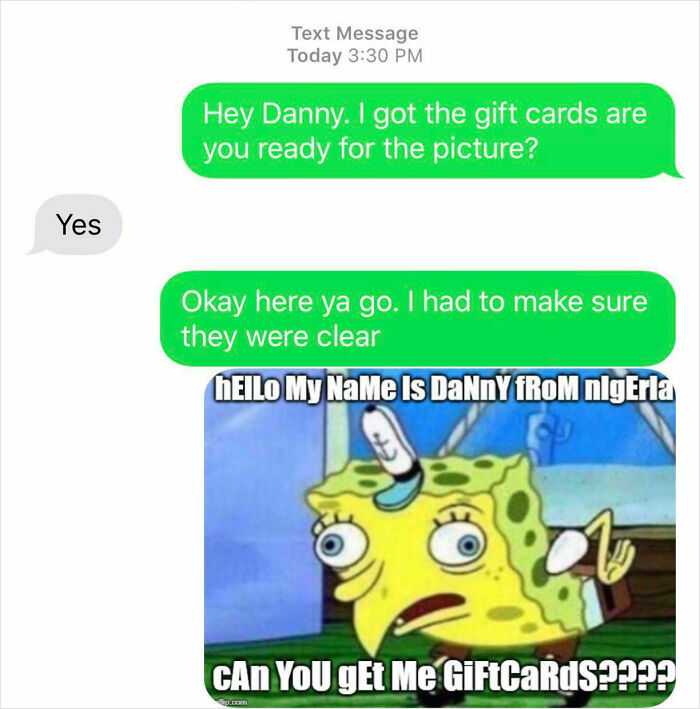 Text message exchange showing a humorous SpongeBob meme as a witty response to a scammer request for gift cards.