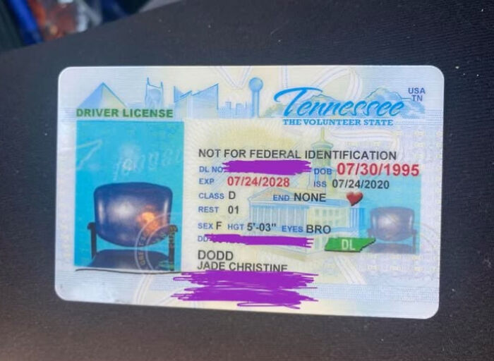 Tennessee driver license with a black chair photo instead of a person, showing a total mess for memorable fails.