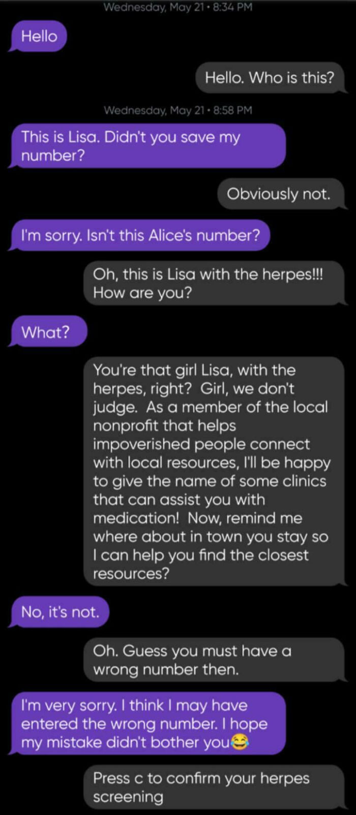 Text message exchange showing a humorous scammer response involving herpes and local nonprofit resources.