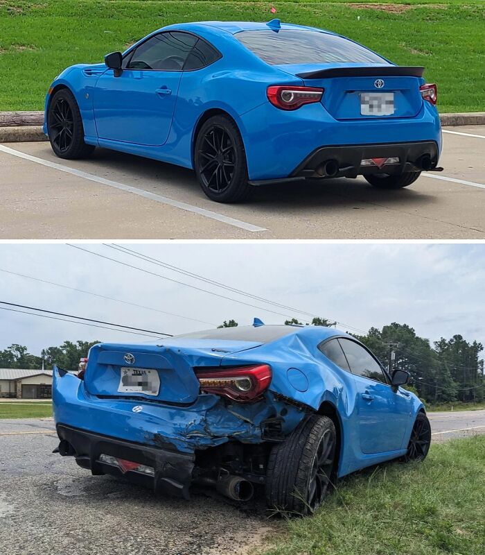 Coche azul en buen estado y después de accidente severo, ilustrando que siempre puede empeorar según fotos impactantes.