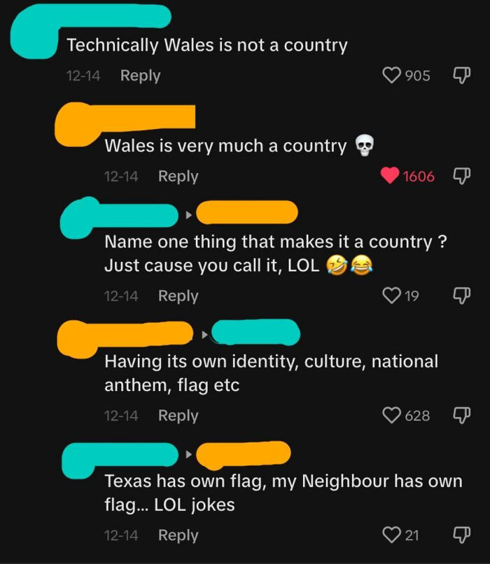 Social media comments showing people with zero common sense debating whether Wales is a country, sparking confusion.