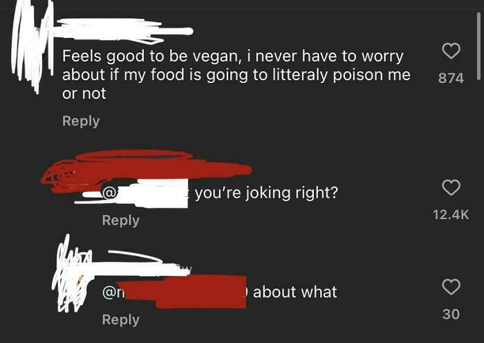 Screenshot of online comments showing people with zero common sense debating food safety and veganism.