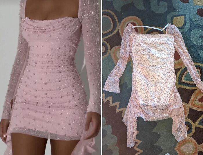 Side-by-side photos of a pink beaded dress worn perfectly and a similar dress damaged, showing a total mess comparison.