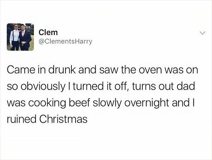 Tweet about accidentally ruining Christmas by turning off the oven, a relatable unapologetically British meme post.