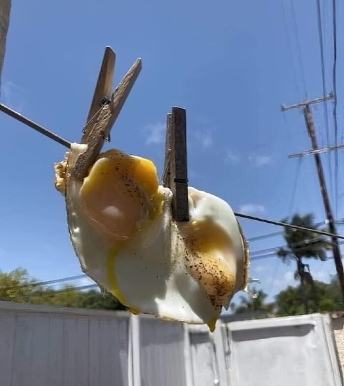 Fried eggs hanging on a clothesline with wooden pegs, a bizarre image that might need a priest or an exorcist.