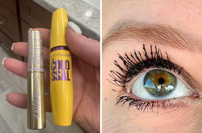 Hand holding viral mascara products next to close-up of eye with thick, clumpy mascara popular during Amazon Deal Days.