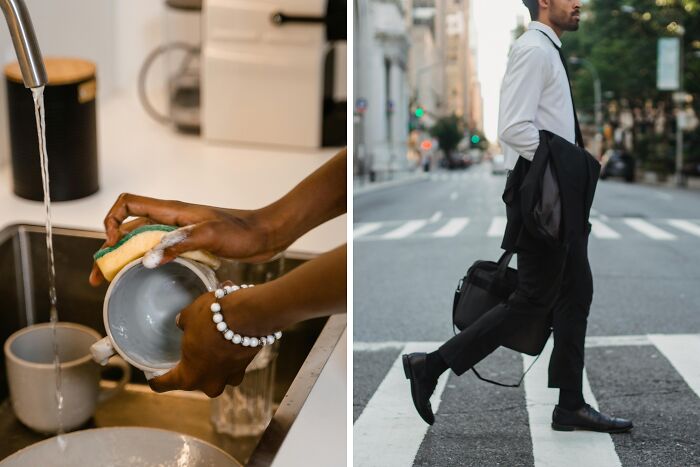 Person washing dishes at a sink and a man walking on a city street, illustrating choices about infinite luck or happiness.