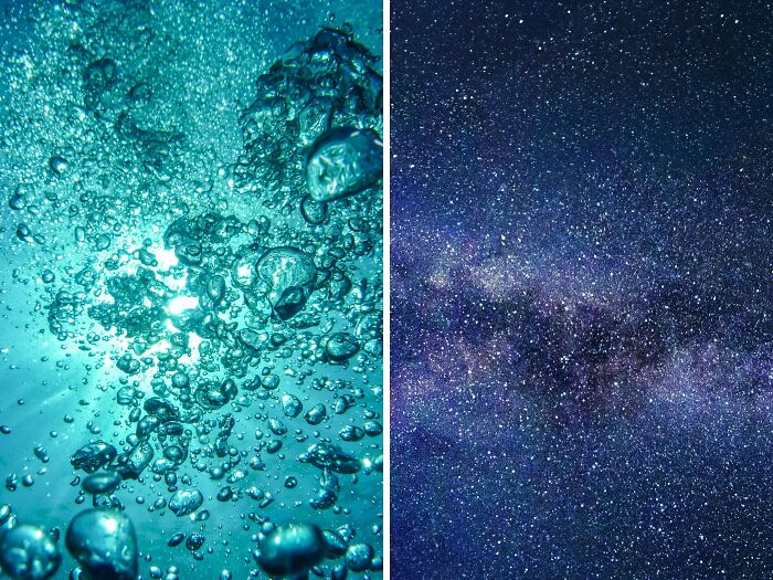 Underwater bubbles rising toward the surface contrasted with a star-filled night sky depicting infinite luck or happiness choices.