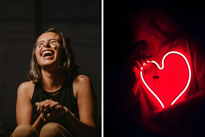 Left side shows a joyful woman laughing with confetti on her shoulders, right side features a person holding a red neon heart, luck and happiness.