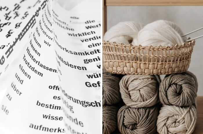 Close-up of printed text on white paper and a basket with neutral-colored yarn, illustrating themes of luck and happiness choices.