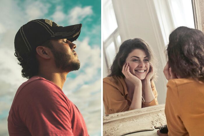 Side-by-side images of a man looking peacefully at the sky and a woman smiling at her reflection, representing luck and happiness.