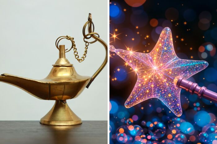 Brass magic lamp next to a glowing star-shaped wand symbolizing infinite luck or happiness choices.