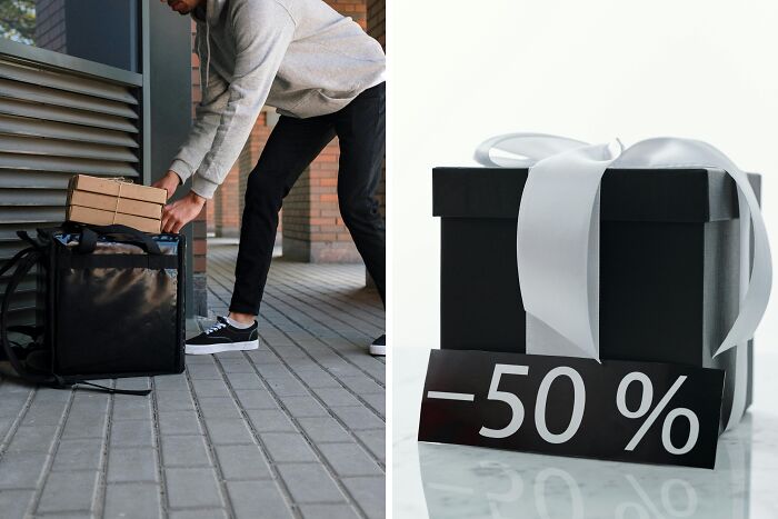 Person placing delivery boxes in insulated bag outdoors next to a black gift box with white ribbon and 50 percent discount sign.