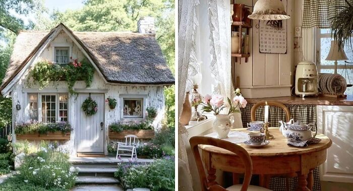 Cozy dream cottage exterior with garden and charming rustic kitchen interior filled with natural light and vintage decor.