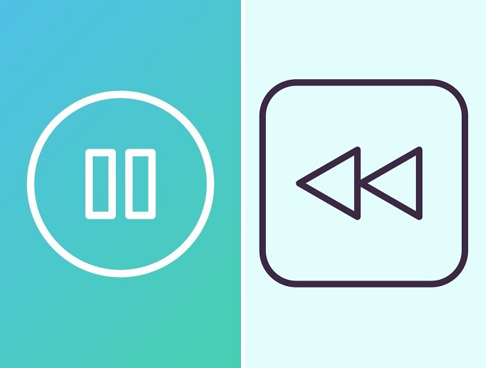 Pause and rewind icons on a blue and turquoise split background representing choices in infinite luck or happiness scenarios.
