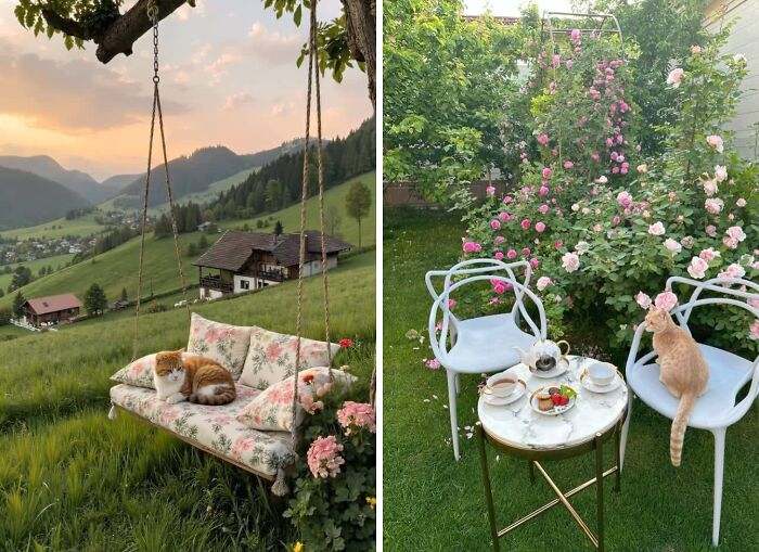 Cozy dream cottages and gardens with cats relaxing on a floral swing and tea table surrounded by blooming roses.