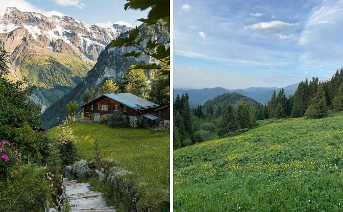 Idyllic dream cottages nestled in lush gardens with mountain views and peaceful green meadows under a blue sky.
