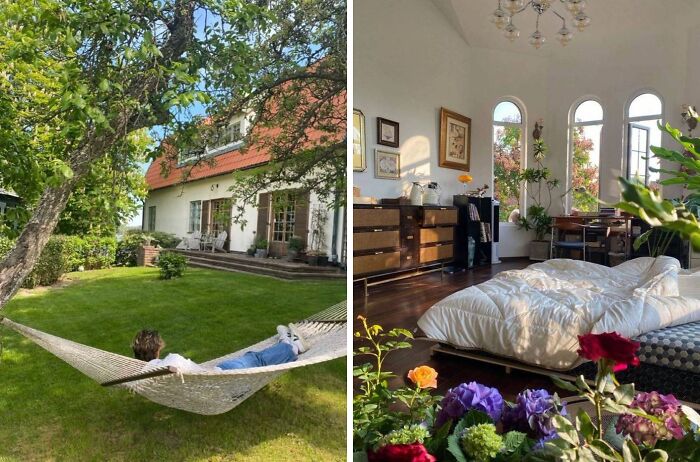 Cozy dream cottage with lush garden and relaxing hammock beside a bright, plant-filled bedroom in a serene home setting.