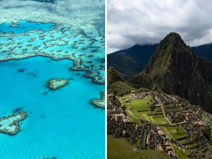 Aerial view of coral reefs and ancient mountain ruins representing infinite luck or happiness choices.