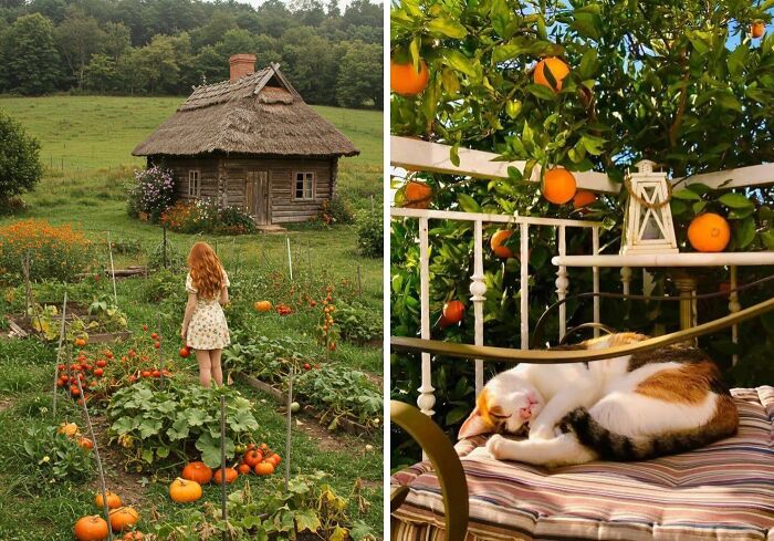 Rustic dream cottage surrounded by garden pumpkins and a calico cat napping under an orange tree in a peaceful garden.