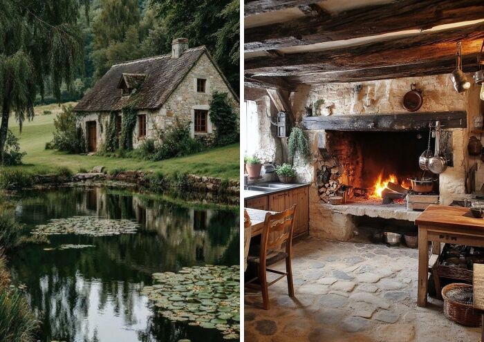 Stone dream cottage by a pond with lush gardens and cozy rustic interior featuring a warm fireplace and wooden furniture.