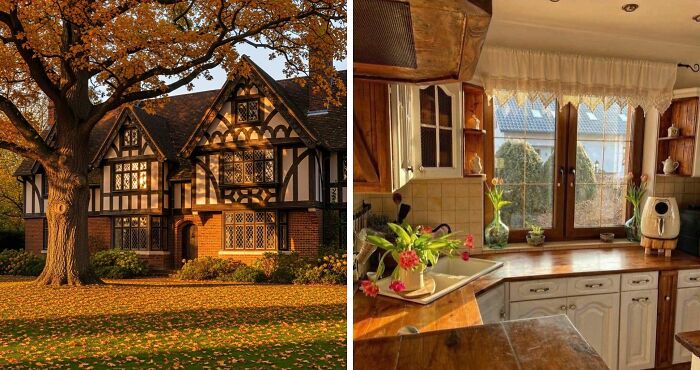Idyllic dream cottage exterior with autumn leaves and cozy kitchen interior featuring wooden countertops and garden views.