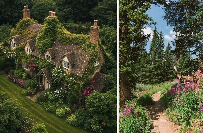 Charming dream cottage covered in vines and surrounded by lush gardens next to a scenic forest path with wildflowers.