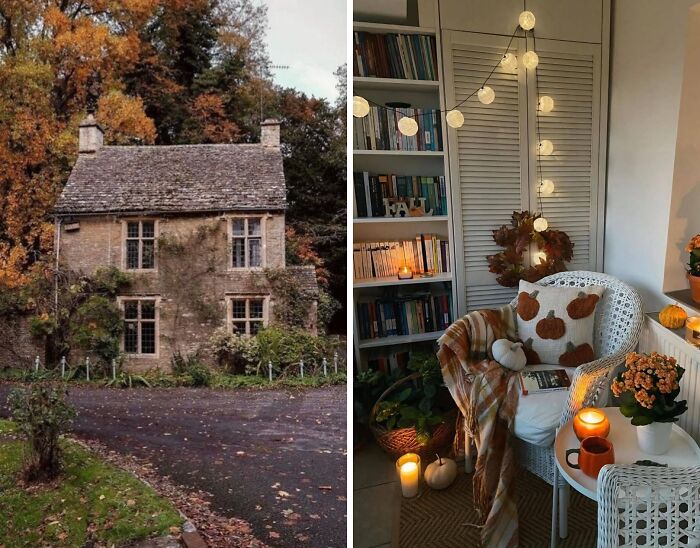 Cozy dream cottage surrounded by autumn trees beside a warm garden nook with candles, pumpkins, and soft lighting.