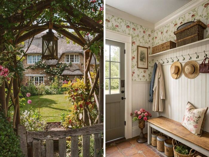 Cozy dream cottage garden view and charming floral-themed interior with rustic bench and hat hooks.