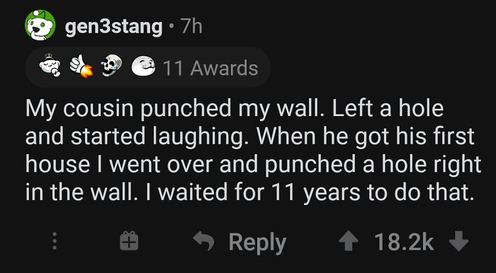 Example of petty revenge story text about punching a hole in the wall after 11 years, showing petty revenge examples.