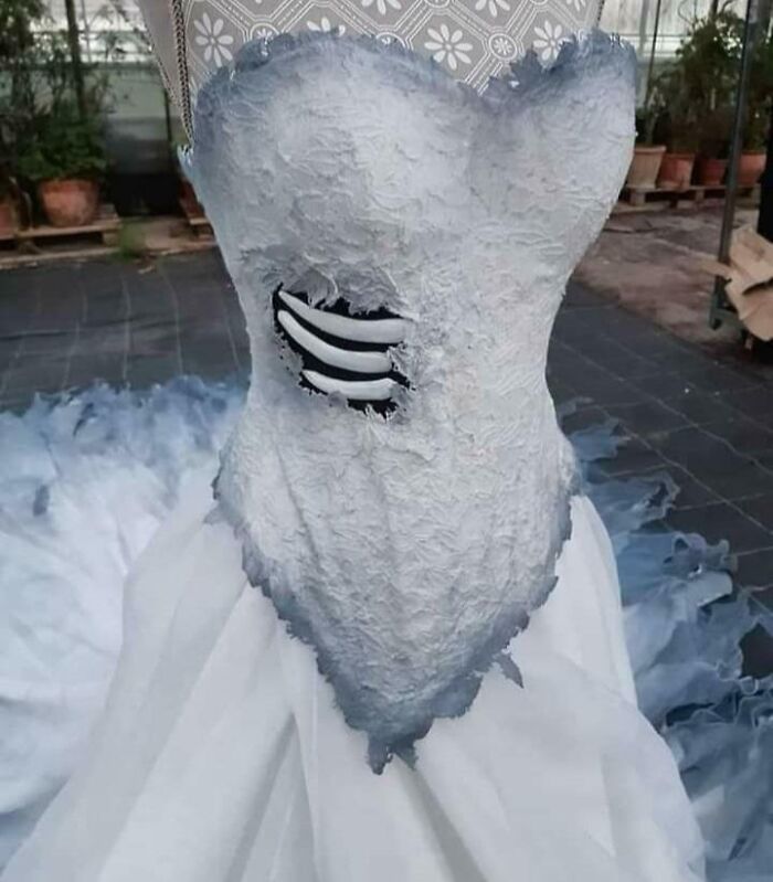 Wedding dress with torn lace bodice revealing black and white striped fabric underneath showing questionable taste.
