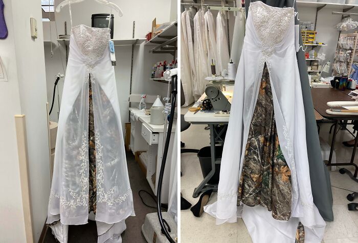 White wedding dress with lace details revealing an inner camouflage pattern in a tailoring workshop setting.