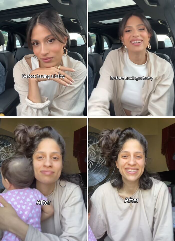 Mom sharing honest and relatable photos of herself before having a baby and after with child in casual settings.