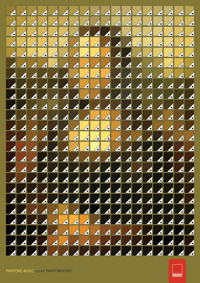 Pixelated mosaic of the Mona Lisa created with Pantone color swatches for clever advertising campaigns featuring the iconic painting