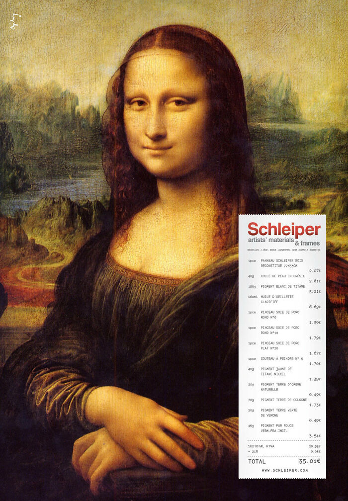 Mona Lisa painting with a receipt overlay, creatively featuring the iconic artwork in an advertising campaign.