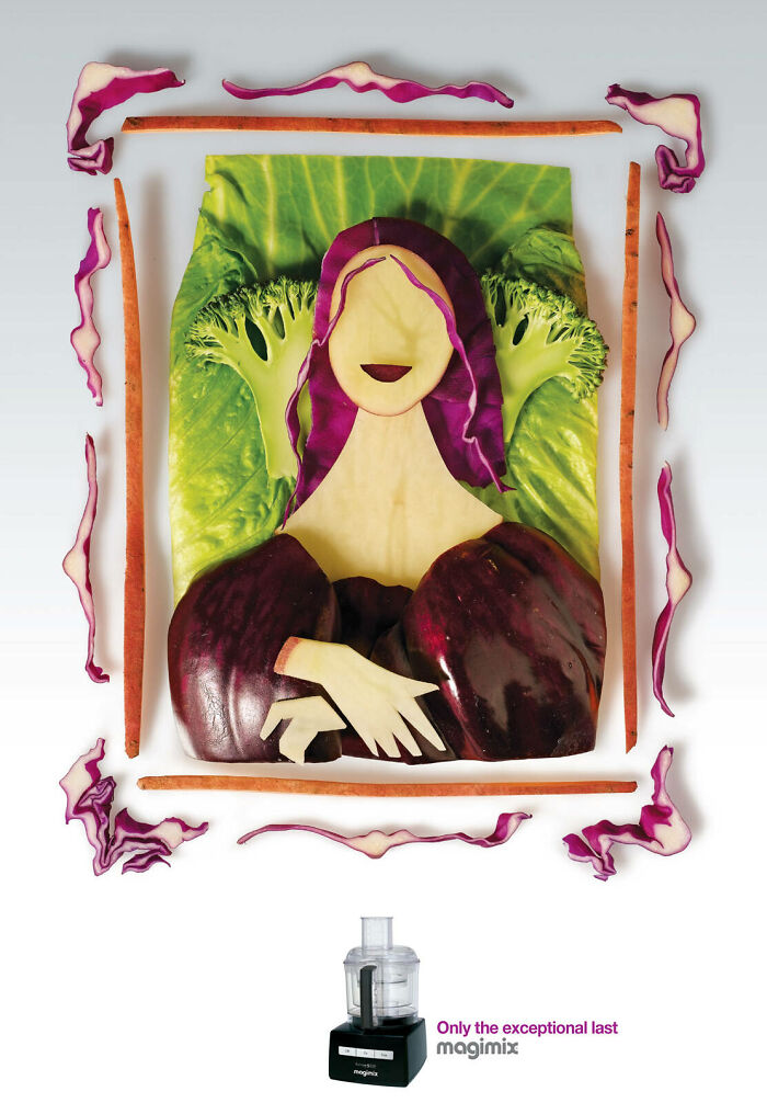 Creative ad campaign featuring the Mona Lisa made from vegetables promoting a food processor appliance.