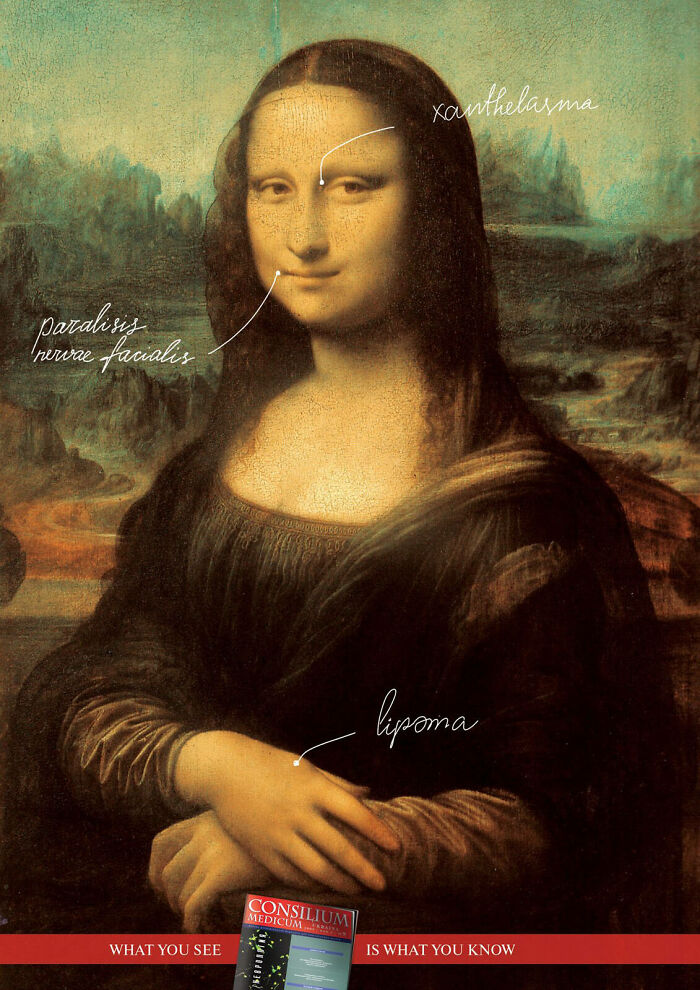 Mona Lisa in an ad with medical terms annotated on her face and hands, showcasing clever campaign using the iconic painting.