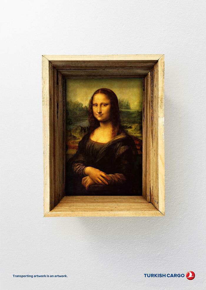 Mona Lisa painting displayed in a wooden crate highlighting artwork protection for clever advertising campaigns.