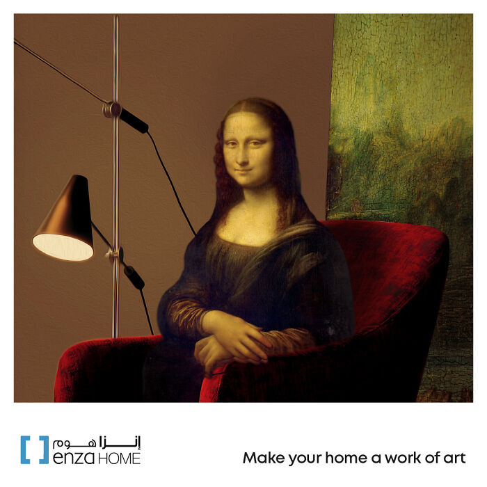Mona Lisa sitting in a red armchair with modern lighting, blending classic art with contemporary home decor.