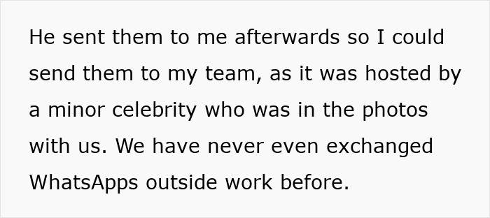 Screenshot of text discussing sending photos involving a boss-wife claim and an innocent worker, denying prior WhatsApp exchanges.