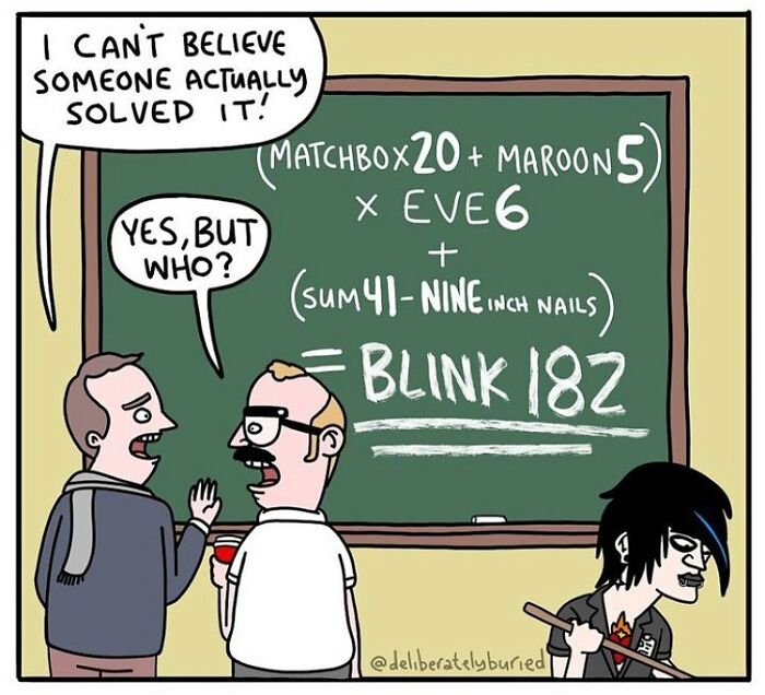 Comic panel showing a dark humor artist’s unexpected ending with characters discussing a math equation on a chalkboard.
