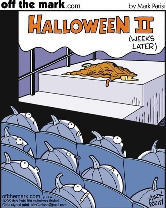 Cartoon showing pumpkins in a theater watching a Halloween sequel, illustrating funny everyday life moments.