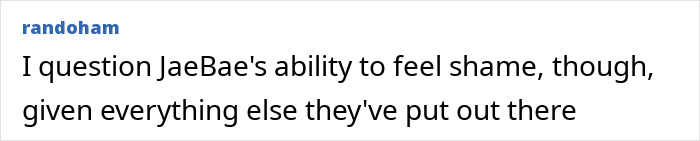 Comment from user randoham questioning JaeBae’s ability to feel shame amid controversial online posts, reflecting online discourse on plus-size activist. Comment from user randoham questioning JaeBae’s ability to feel shame amid controversial online posts, reflecting online discourse on plus-size activist.