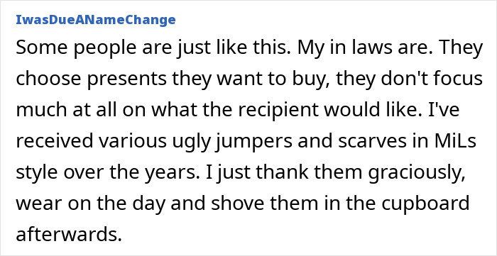 Text excerpt about receiving bad birthday presents from in-laws, highlighting mums bad birthday presents experiences.